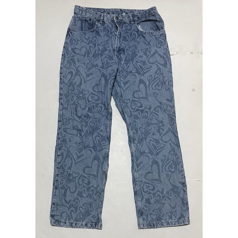 The Priest Ragged Jeans Womens 32 X 29 Blue Wide Leg‎ Straight Pants Hearts AOP